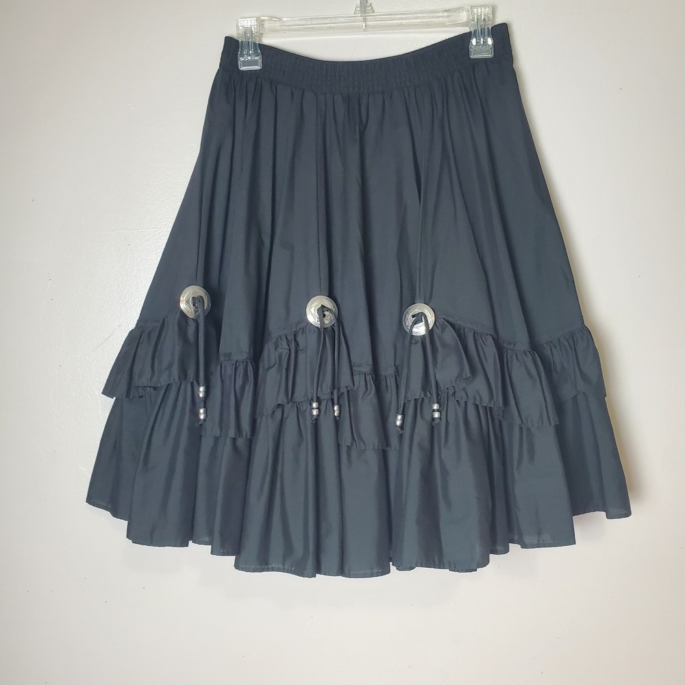 Malco Modes Medium Black Tiered Twirl Dancing Skirt Silver Conchos Beads Western
